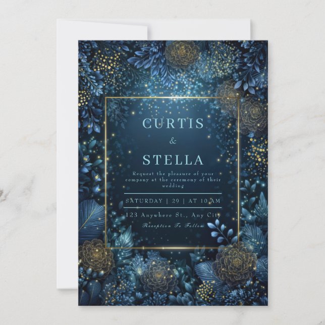 Enchanted Midnight Gold Floral Wedding Invitation (Front)