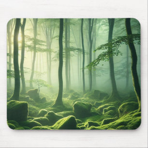 Enchanted Misty Forest Serene Green Woodland Scene Mouse Mat