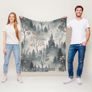 Enchanted Misty Forest with Dark Castle – Ethereal Fleece Blanket