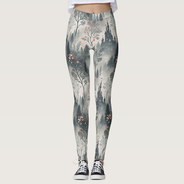 Enchanted Misty Forest with Dark Castle – Ethereal Leggings (Front)