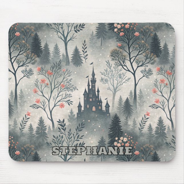 Enchanted Misty Forest with Dark Castle – Ethereal Mouse Mat (Front)