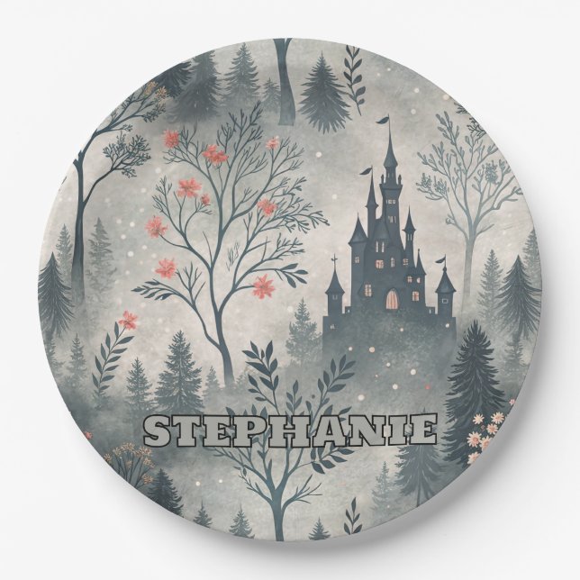 Enchanted Misty Forest with Dark Castle – Ethereal Paper Plate (Front)
