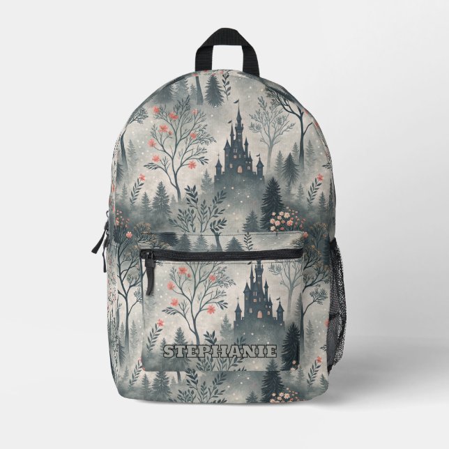 Enchanted Misty Forest with Dark Castle – Ethereal Printed Backpack (Front)