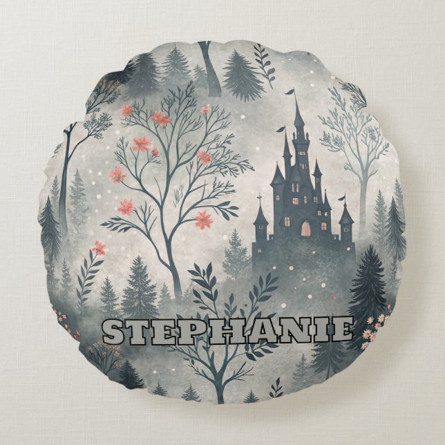 Enchanted Misty Forest with Dark Castle – Ethereal Round Cushion (Front)