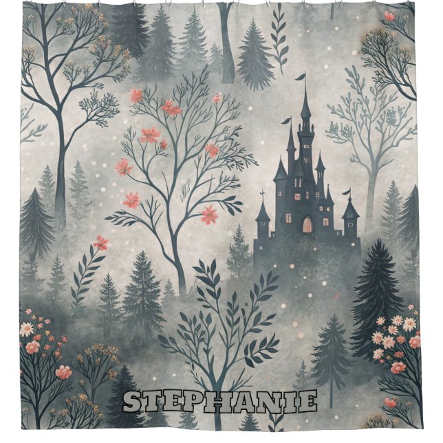 Enchanted Misty Forest with Dark Castle – Ethereal Shower Curtain (Front)