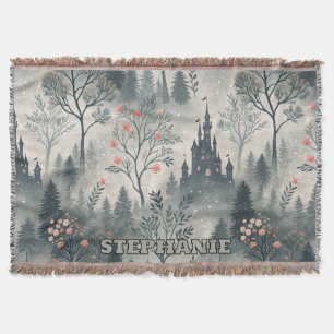 Enchanted Misty Forest with Dark Castle – Ethereal Throw Blanket