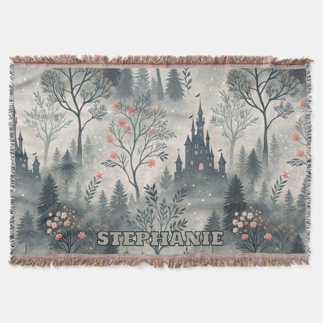Enchanted Misty Forest with Dark Castle – Ethereal Throw Blanket (Front)