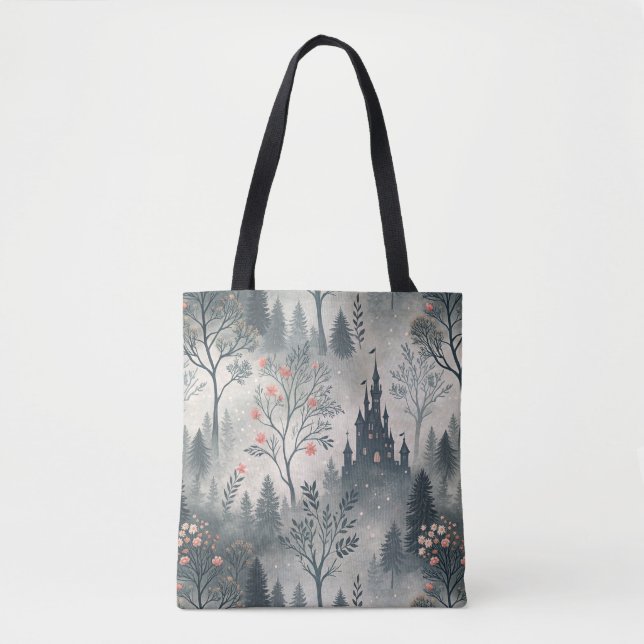 Enchanted Misty Forest with Dark Castle – Ethereal Tote Bag (Front)