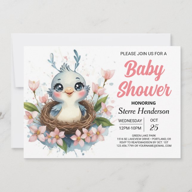 Enchanted Modern Into the Woods Bird Baby Shower Invitation (Front)