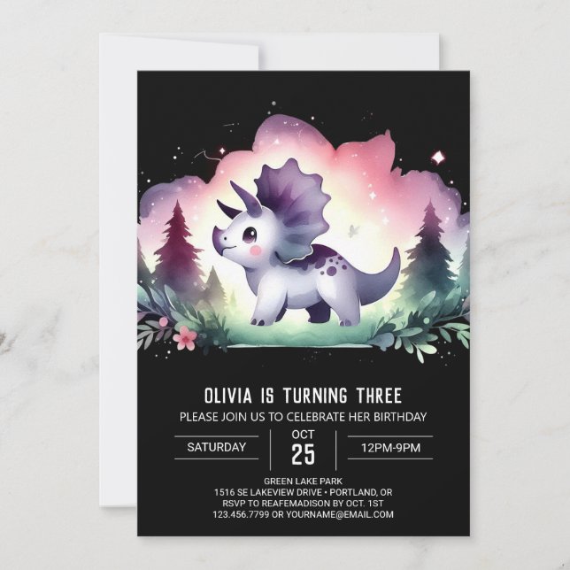 Enchanted Modern Triceratops Birthday Invitation (Front)
