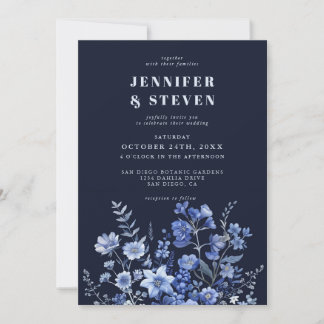 Enchanted Monochrome Navy Blue Wildflower Wedding Invitation
