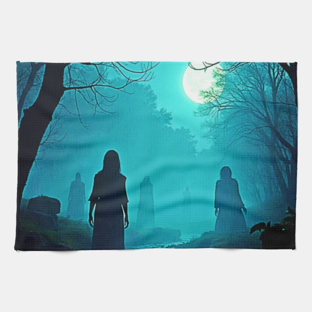 Enchanted Moonlight Forest Spirits Design Tea Towel (Horizontal)