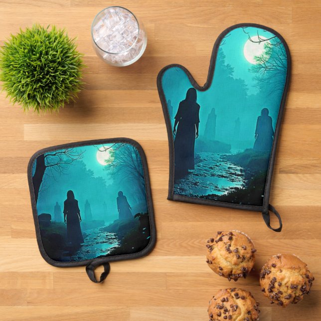 Enchanted Moonlight Forest Spirits Oven Mitt & Pot Holder Set (Top Down)