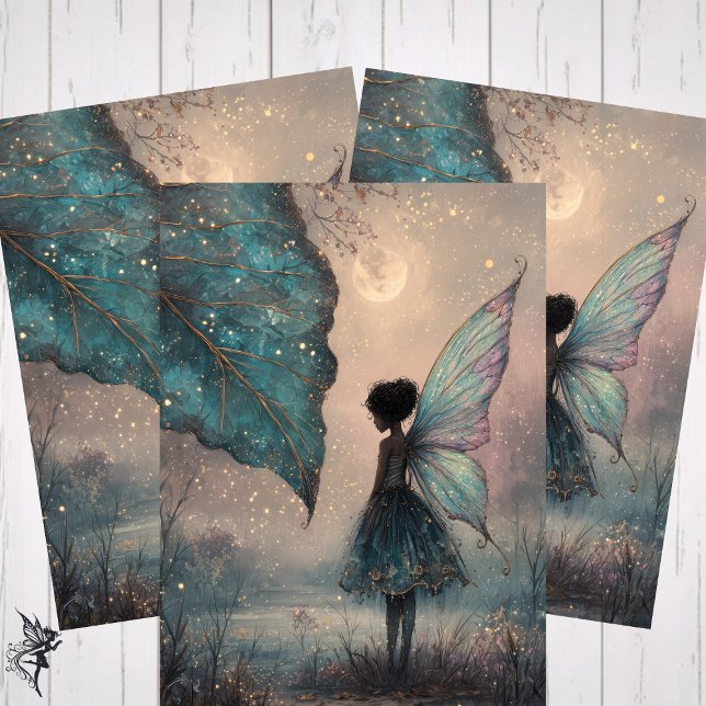 Enchanted Moonlit Leaf Fairy Watercolor Fantasy Wrapping Paper Sheet (Creator Uploaded)