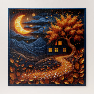 Enchanted Moonlit Village with Autumn Leaves Jigsaw Puzzle