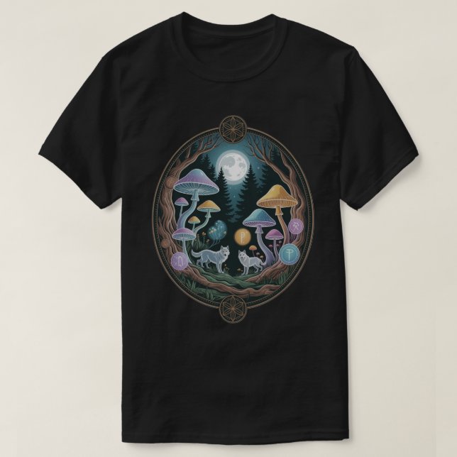 Enchanted Moonlit Wolves and Psychedelic Mushrooms T-Shirt (Design Front)