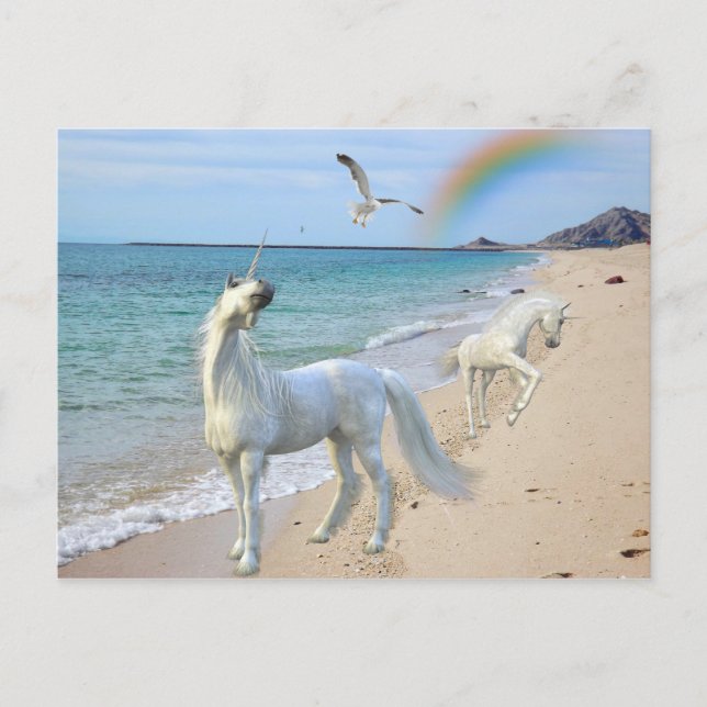 Enchanted Mother Unicorn and Foal Baby at Beach Postcard (Front)