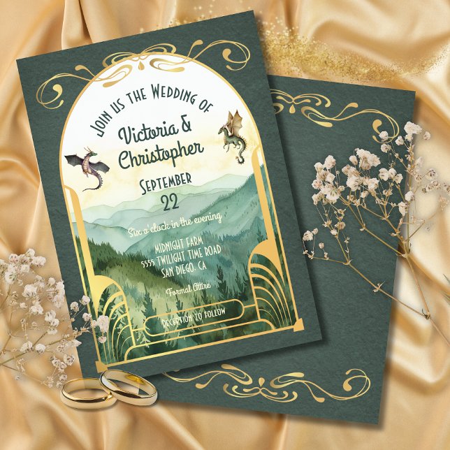 Enchanted Mountain Art Nouveau Dragon Wedding Invitation (Creator Uploaded)