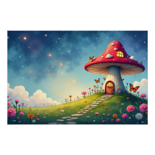 Enchanted Mushroom Cottage in a Dreamy Meadow Poster