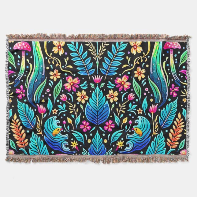 Enchanted Mushroom Forest Dream Throw Blanket (Front)