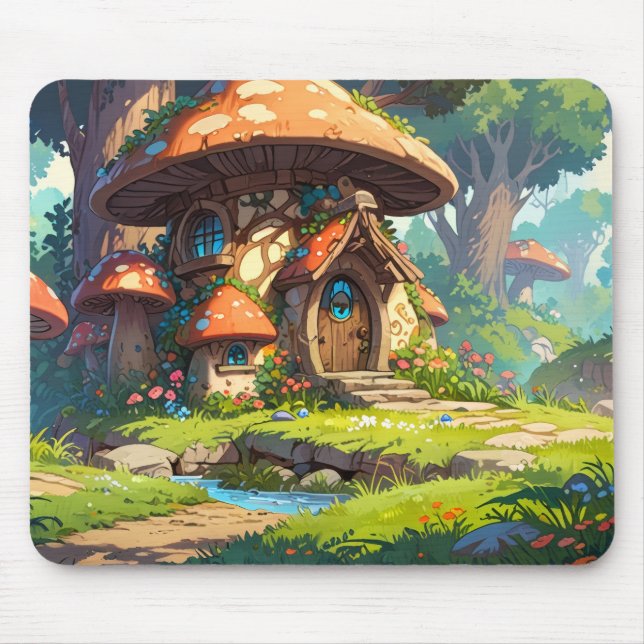 Enchanted Mushroom Village in the Forest – Dreamy  Mouse Mat (Front)