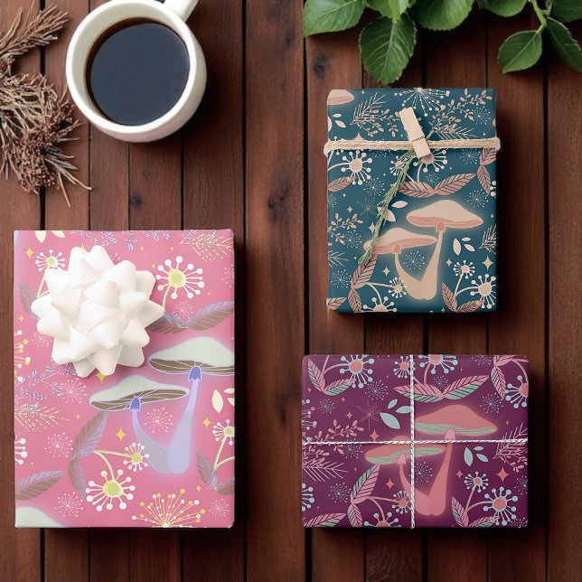 Enchanted Mushrooms, Forest Flora, Whimsical  Wrapping Paper Sheet (Whimsical mushroom & floral wrap woodland charm for birthdays, holidays, and nature-loving gifts.)