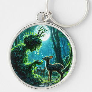 Enchanted nature guardian feeding a baby fawn key ring