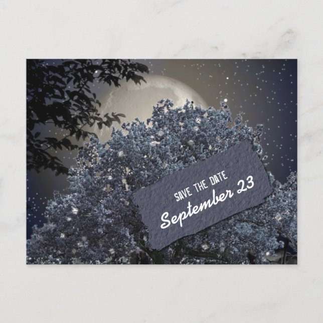Enchanted Night Blue Tree Save the Date Announcement Postcard (Front)