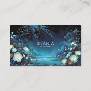 Enchanted Night Floral White Rose and Teal Lake Business Card