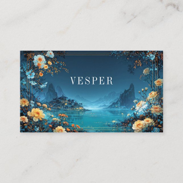 Enchanted Night Floral Yellow Rose Cityscape Business Card (Front)