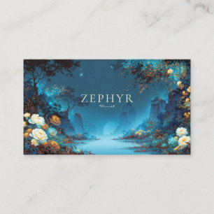 Enchanted Night Landscape Teal Yellow Floral Moon Business Card