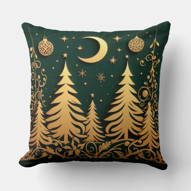Enchanted Night – Moonlit Christmas Tree Pattern Cushion (Front)