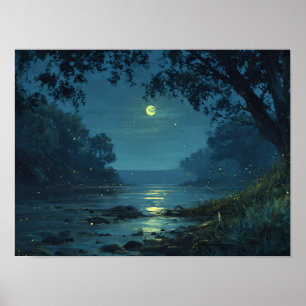 Enchanted Night River & Fireflies Landscape Poster
