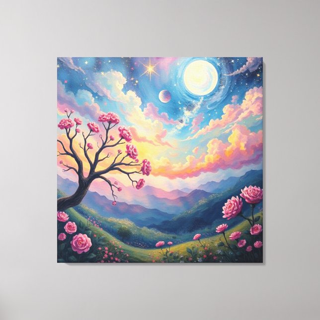 Enchanted Night Sky Over Blossom Valley Canvas Print (Front)