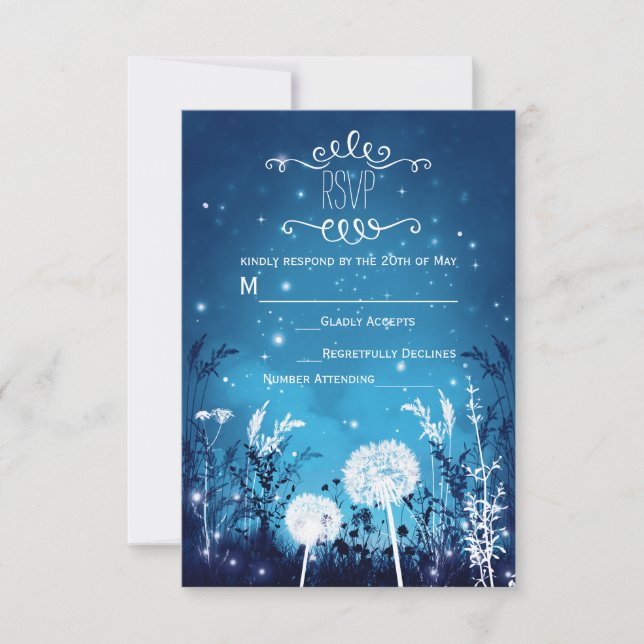Enchanted Night Sky Stars & Foliage Blue RSVP card (Front)