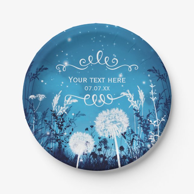 Enchanted Night Sky Stars & Foliage Blue Wedding Paper Plate (Front)