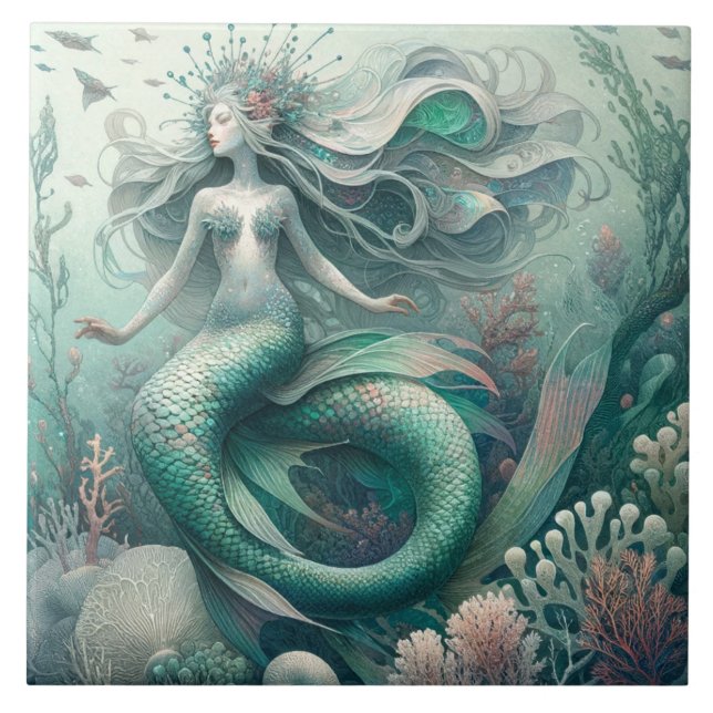 Enchanted Ocean Mermaid - Artistic Ceramic Tile (Front)