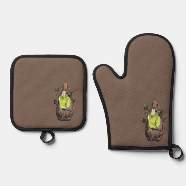 Enchanted Olive Oil Potion Oven Mitt & Pot Holder Set (Front)