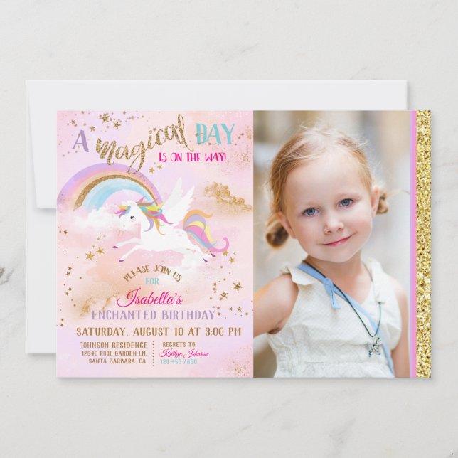 Enchanted Pegasus Unicorn Rainbow Sparkle Birthday Invitation (Front)