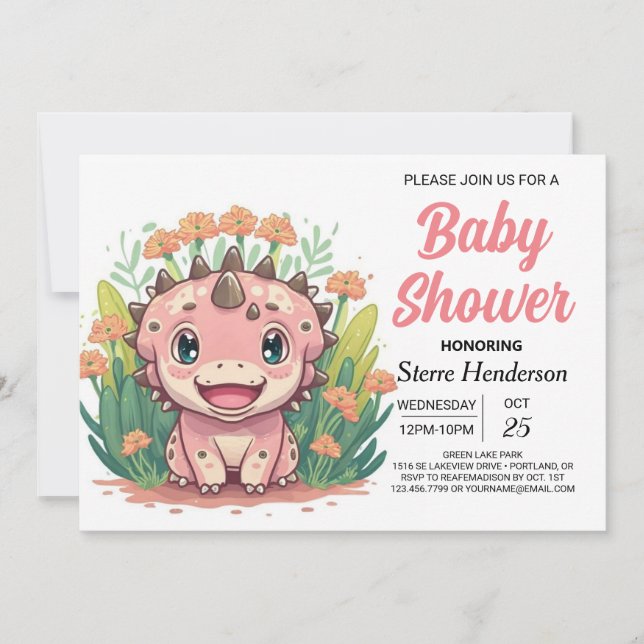 Enchanted Pink Dinosaur Girl Baby Shower Invitation (Front)