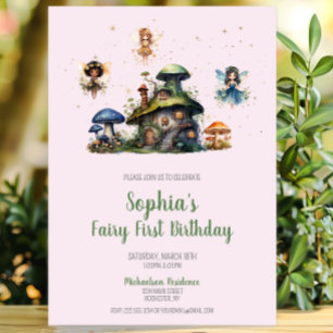 Enchanted Pink Fairy First Birthday Mushroom Invitation