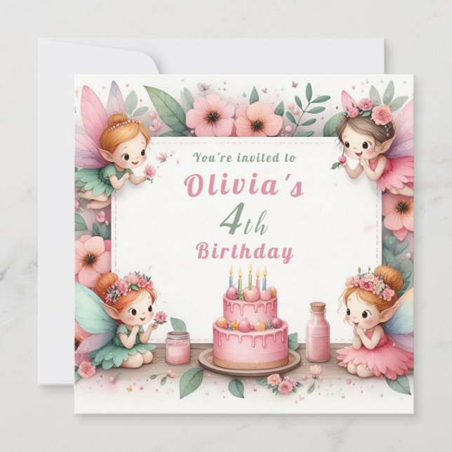 Enchanted Pink Fairy garden - Birthday  Invitation (Front)