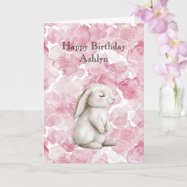 Enchanted Pink Floral Cute Bunny Birthday Card (Orchid)