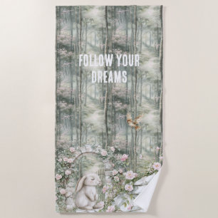 Enchanted Pink Floral Garden Bunny Dreams Beach Towel