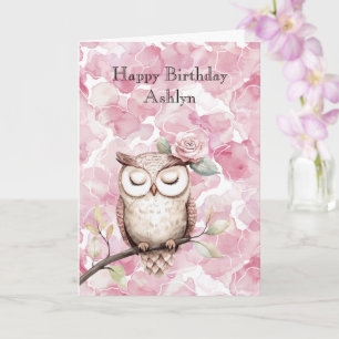 Enchanted Pink Floral Owl Birthday Card