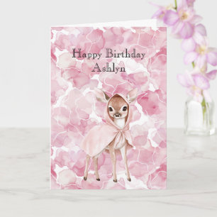 Enchanted Pink Floral Sweet Deer Birthday Card