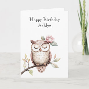 Enchanted Pink Flower Owl Birthday Card