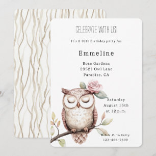 Enchanted Pink Flower Owl Birthday Invitation
