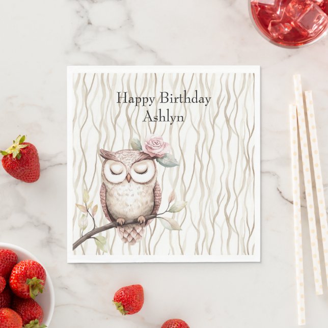 Enchanted Pink Flower Owl Birthday Napkin (Insitu)