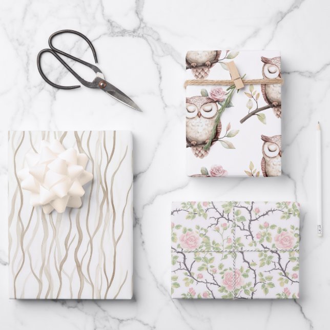 Enchanted Pink Flower Owl Birthday Wrapping Paper Sheet (Front)